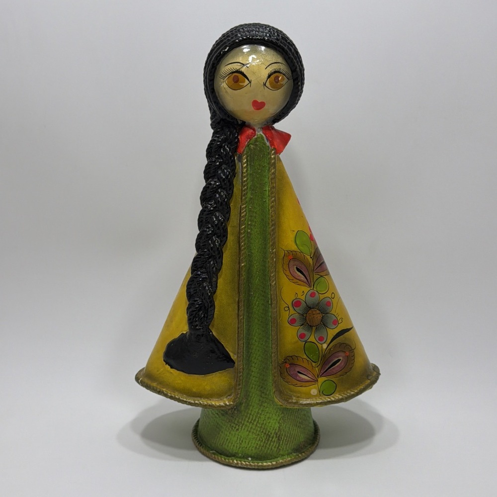 Vintage Mexican Folk Art Paper Mache Doll Handpainted Braided Hair 9.5" 1960's